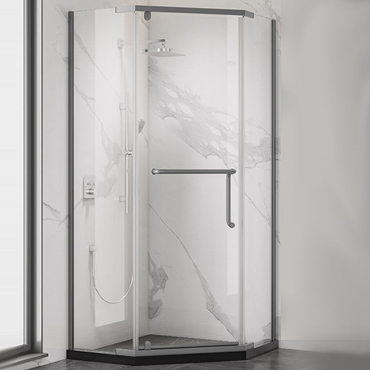 Black and Silver Neo-Angle Shower Enclosure Tempered Glass Shower Enclosure Clearhalo 'Bathroom Remodel & Bathroom Fixtures' 'Home Improvement' 'home_improvement' 'home_improvement_shower_stalls_enclosures' 'Shower Stalls & Enclosures' 'shower_stalls_enclosures' 'Showers & Bathtubs' 1200x1200_6ba67d41-1326-4002-bd55-195146216019