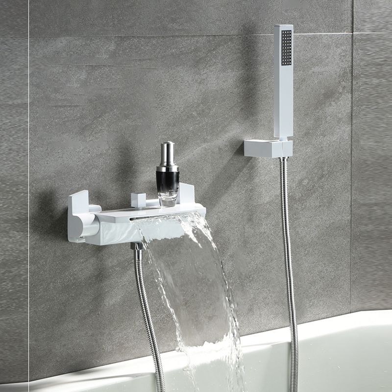 Wall Mounted Metal Tub Filler Low Arc Waterfall Double Handles Tub Faucet Trim Clearhalo 'Bathroom Remodel & Bathroom Fixtures' 'Bathtub Faucets' 'bathtub_faucets' 'Home Improvement' 'home_improvement' 'home_improvement_bathtub_faucets' 1200x1200_6eb1c553-cf72-416b-9c25-e0124b325c7e