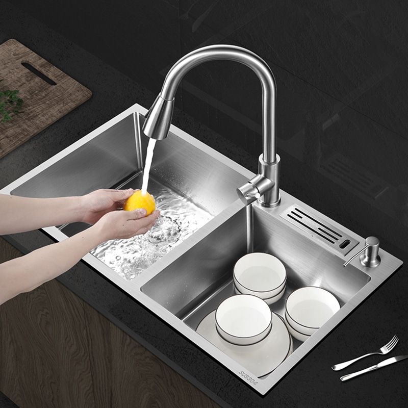 Contemporary Stainless Steel Kitchen Sink Double Basin Sink with Drain Assembly Clearhalo 'Home Improvement' 'home_improvement' 'home_improvement_kitchen_sinks' 'Kitchen Remodel & Kitchen Fixtures' 'Kitchen Sinks & Faucet Components' 'Kitchen Sinks' 'kitchen_sinks' 1200x1200_6f658456-4401-445d-a499-f9f5cf93695a