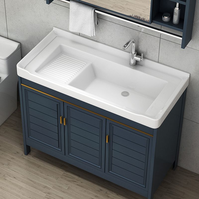 Blue Bath Vanity Single Sink Freestanding Metal Frame Mirror Vanity with Soft Close Doors Clearhalo 'Bathroom Remodel & Bathroom Fixtures' 'Bathroom Vanities' 'bathroom_vanities' 'Home Improvement' 'home_improvement' 'home_improvement_bathroom_vanities' 1200x1200_6f9c3efc-99e2-4ba2-ac72-364ba5fcc11a