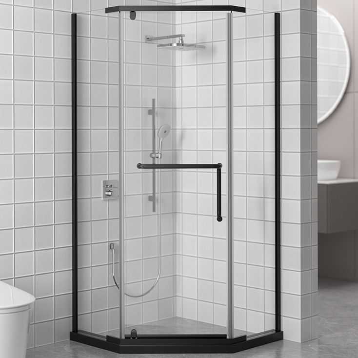 Black and Silver Neo-Angle Shower Enclosure Tempered Glass Shower Enclosure Clearhalo 'Bathroom Remodel & Bathroom Fixtures' 'Home Improvement' 'home_improvement' 'home_improvement_shower_stalls_enclosures' 'Shower Stalls & Enclosures' 'shower_stalls_enclosures' 'Showers & Bathtubs' 1200x1200_6fb6f7a9-f993-4fb7-8d1f-66f0ba43f6fd