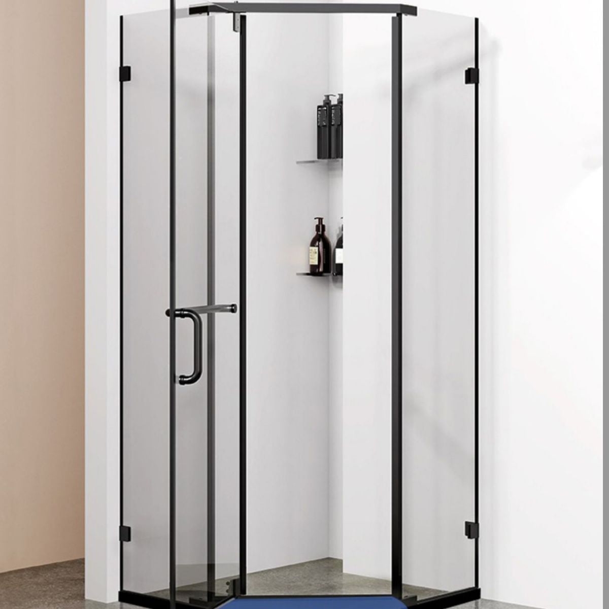 Neo-Angle Polished Glass Shower Enclosure Matt Black Frame Shower Stall Clearhalo 'Bathroom Remodel & Bathroom Fixtures' 'Home Improvement' 'home_improvement' 'home_improvement_shower_stalls_enclosures' 'Shower Stalls & Enclosures' 'shower_stalls_enclosures' 'Showers & Bathtubs' 1200x1200_6ff7fb25-9268-4004-bba0-73d223a0231a