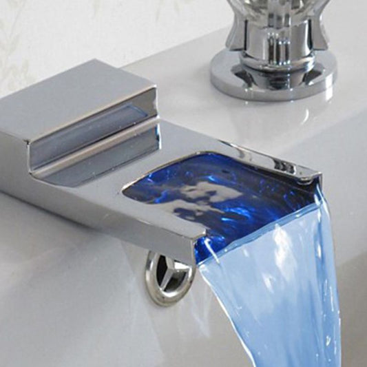 LED Widespread Lavatory Faucet Double Handle Bathroom Faucet Waterfall Spout Faucet Clearhalo 'Bathroom Remodel & Bathroom Fixtures' 'Bathroom Sink Faucets' 'Bathroom Sinks & Faucet Components' 'bathroom_sink_faucets' 'Home Improvement' 'home_improvement' 'home_improvement_bathroom_sink_faucets' 1200x1200_70043b11-d93b-4401-b4d1-501c52e817cc