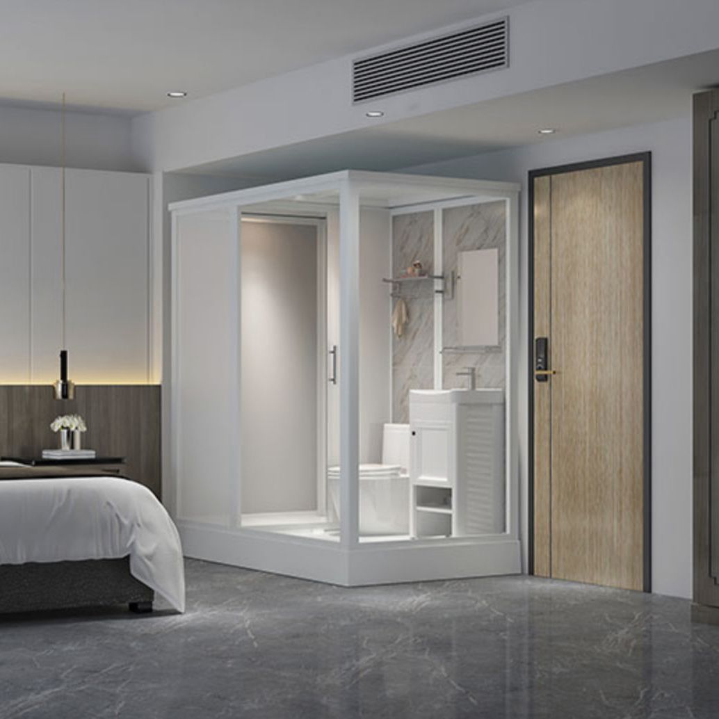 Framed White Shower Kit Corner Rectangle Frosted Shower Stall Clearhalo 'Bathroom Remodel & Bathroom Fixtures' 'Home Improvement' 'home_improvement' 'home_improvement_shower_stalls_enclosures' 'Shower Stalls & Enclosures' 'shower_stalls_enclosures' 'Showers & Bathtubs' 1200x1200_726040da-90ba-471a-89e3-7de56fe4cf57