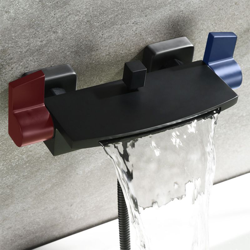 Wall Mounted Metal Tub Filler Low Arc Waterfall Double Handles Tub Faucet Trim Clearhalo 'Bathroom Remodel & Bathroom Fixtures' 'Bathtub Faucets' 'bathtub_faucets' 'Home Improvement' 'home_improvement' 'home_improvement_bathtub_faucets' 1200x1200_72fd2f74-c0db-4595-a377-45e6f3945c57