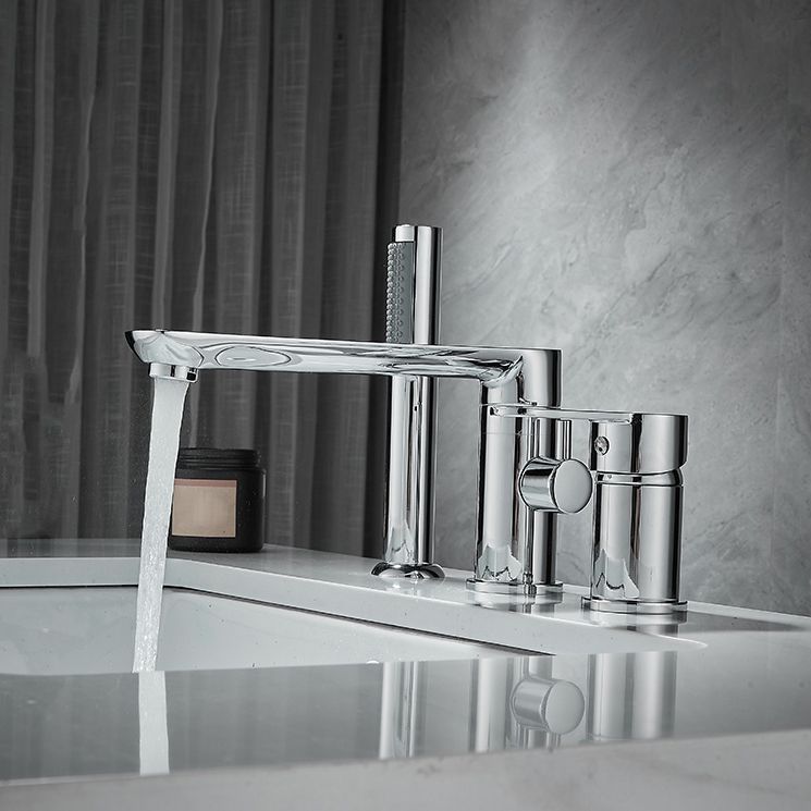 Modern Deck Mounted Freestanding Tub Filler Metal Freestanding Faucet with Handles Clearhalo 'Bathroom Remodel & Bathroom Fixtures' 'Bathtub Faucets' 'bathtub_faucets' 'Home Improvement' 'home_improvement' 'home_improvement_bathtub_faucets' 1200x1200_73f841c0-34cc-44c3-bc24-d7c1921f410f