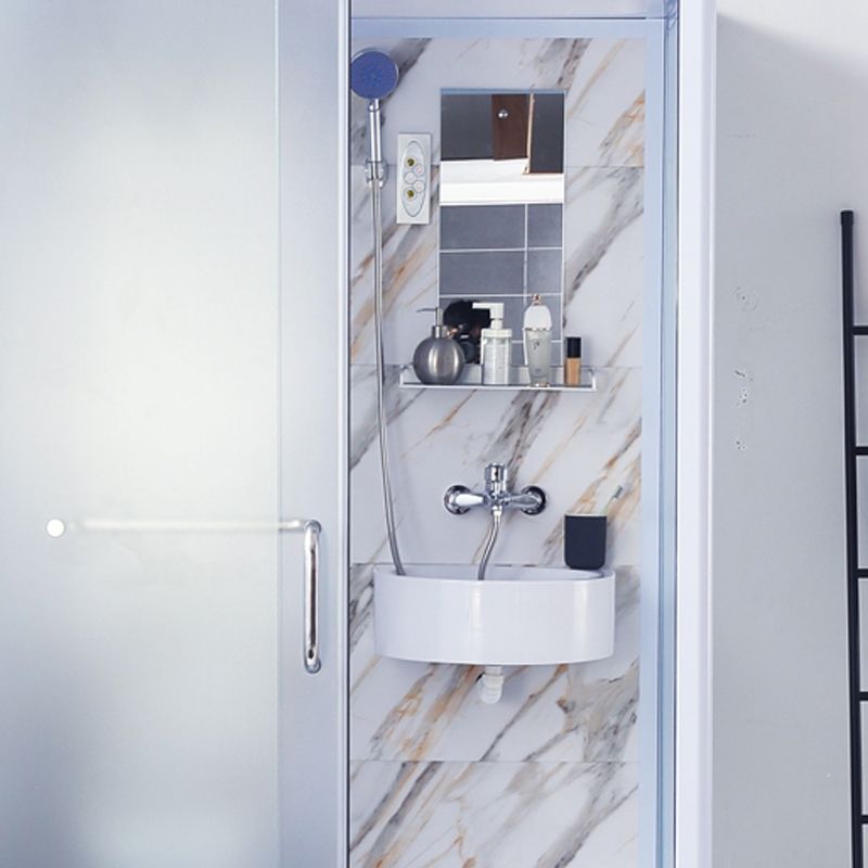 Framed Single Sliding Frosted Shower Kit Rectangle White Shower Stall Clearhalo 'Bathroom Remodel & Bathroom Fixtures' 'Home Improvement' 'home_improvement' 'home_improvement_shower_stalls_enclosures' 'Shower Stalls & Enclosures' 'shower_stalls_enclosures' 'Showers & Bathtubs' 1200x1200_765fe13f-1c65-4a17-9cbb-ad29a97f9ded