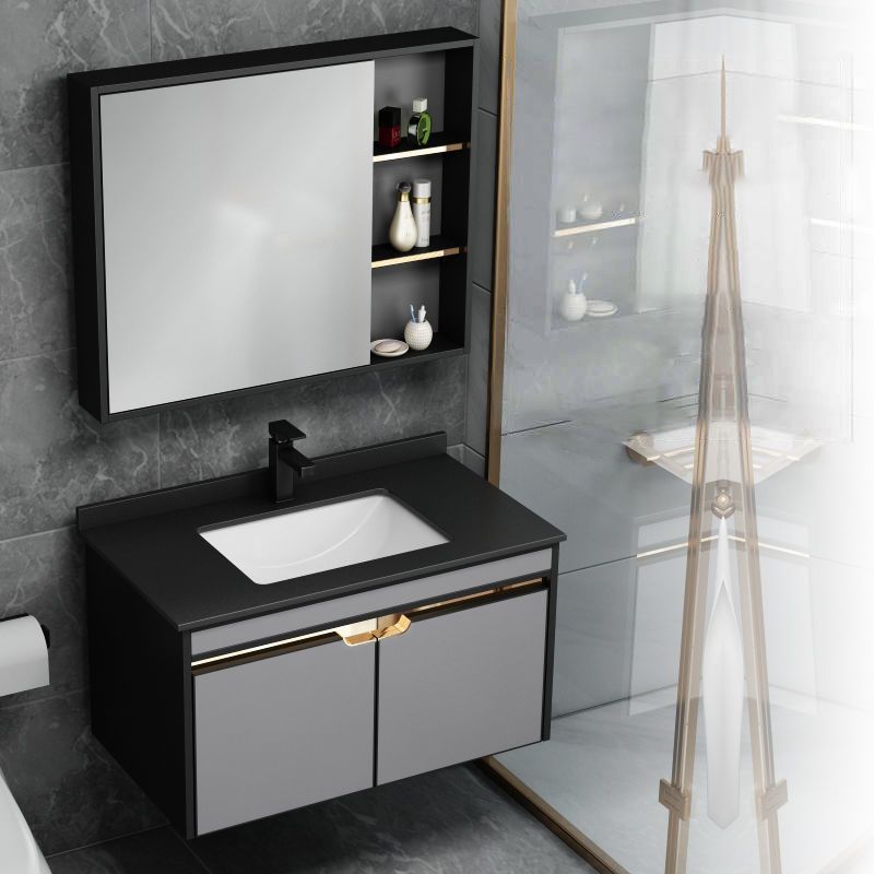 2 Doors Vanity Set Mirror Grey Wall Mount Rectangle Metal Bath Vanity with Single Sink Clearhalo 'Bathroom Remodel & Bathroom Fixtures' 'Bathroom Vanities' 'bathroom_vanities' 'Home Improvement' 'home_improvement' 'home_improvement_bathroom_vanities' 1200x1200_768ab019-5b22-438c-8e7f-5d6141377293