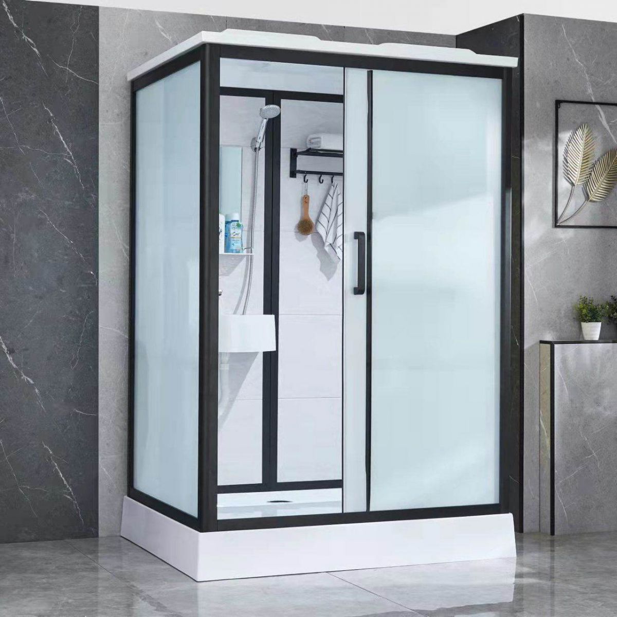 Framed Frosted Shower Kit Rectangle Matt Black Shower Stall with Base Included Clearhalo 'Bathroom Remodel & Bathroom Fixtures' 'Home Improvement' 'home_improvement' 'home_improvement_shower_stalls_enclosures' 'Shower Stalls & Enclosures' 'shower_stalls_enclosures' 'Showers & Bathtubs' 1200x1200_76db5a60-7f95-4d22-b7bc-c7f87b443fd0