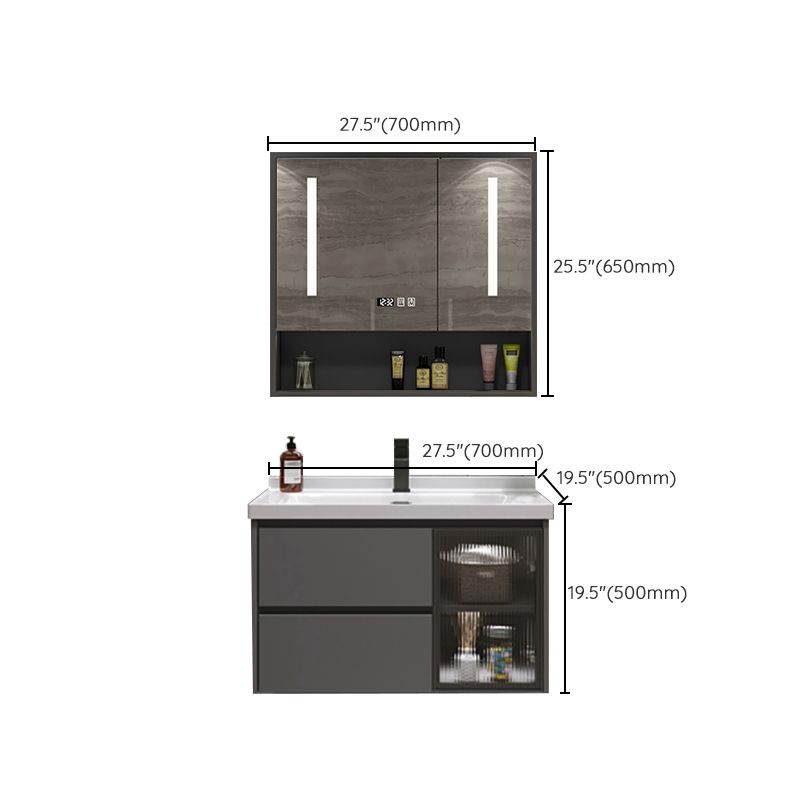 Grey Bath Vanity Wood Frame Mirror Single Sink Wall-Mounted Bath Vanity with 2 Drawers Clearhalo 'Bathroom Remodel & Bathroom Fixtures' 'Bathroom Vanities' 'bathroom_vanities' 'Home Improvement' 'home_improvement' 'home_improvement_bathroom_vanities' 1200x1200_772dc728-e95e-4871-b9cc-8f80401f5e96