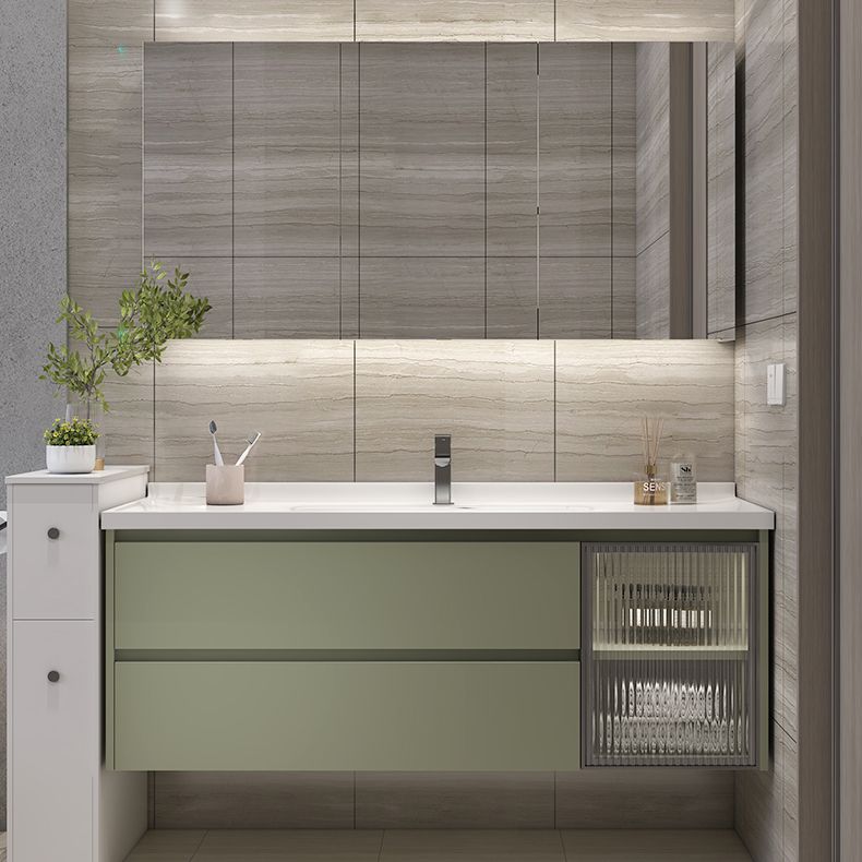 Waterproof Vanity Green Wood Frame Single Sink Drawers Mirror Wall-Mounted Vanity Clearhalo 'Bathroom Remodel & Bathroom Fixtures' 'Bathroom Vanities' 'bathroom_vanities' 'Home Improvement' 'home_improvement' 'home_improvement_bathroom_vanities' 1200x1200_780f0201-c2e3-4c25-ae51-dda59a5de921