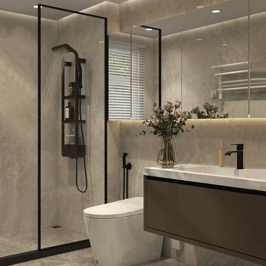 Black Fixed Shower Screen Full Frame Half Partition Shower Door Clearhalo 'Bathroom Remodel & Bathroom Fixtures' 'Home Improvement' 'home_improvement' 'home_improvement_shower_tub_doors' 'Shower and Tub Doors' 'shower_tub_doors' 'Showers & Bathtubs' 1200x1200_78abb921-ff81-4a85-bd94-67072ff73310