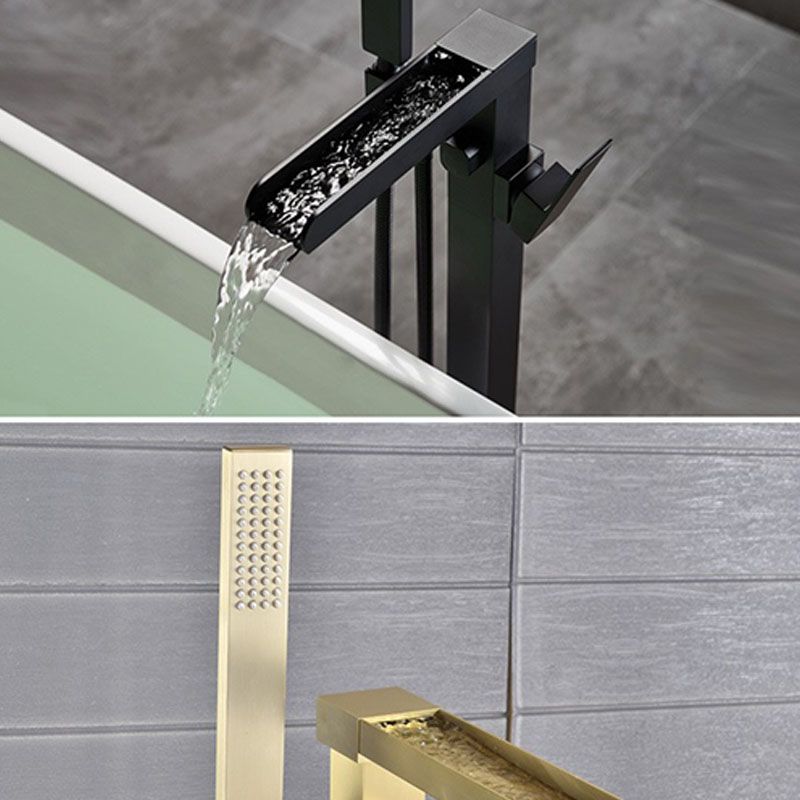 Brass Freestanding Tub Filler with Hose Floor Mounted Bathroom Faucet Clearhalo 'Bathroom Remodel & Bathroom Fixtures' 'Bathtub Faucets' 'bathtub_faucets' 'Home Improvement' 'home_improvement' 'home_improvement_bathtub_faucets' 1200x1200_793ad309-240e-4ab1-aaff-35fb0fc91f81