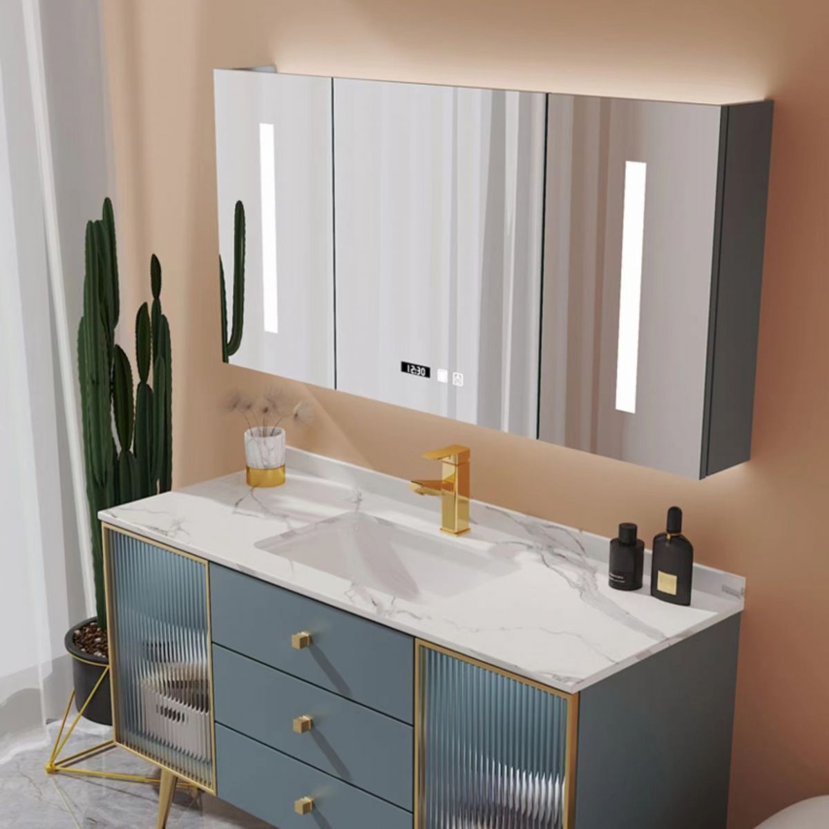 Freestanding Bathroom Vanity Blue Wood Frame Single Sink Rectangular Vanity with 3 Drawers Clearhalo 'Bathroom Remodel & Bathroom Fixtures' 'Bathroom Vanities' 'bathroom_vanities' 'Home Improvement' 'home_improvement' 'home_improvement_bathroom_vanities' 1200x1200_7adbecc8-c9c9-4dc0-9a53-99da17455cfe