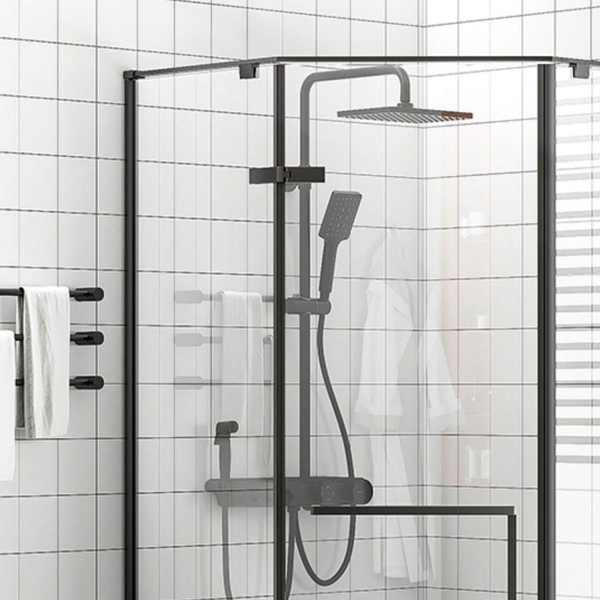 Neo-Angle Tempered Glass Shower Enclosure Black Framed Shower Enclosure Clearhalo 'Bathroom Remodel & Bathroom Fixtures' 'Home Improvement' 'home_improvement' 'home_improvement_shower_stalls_enclosures' 'Shower Stalls & Enclosures' 'shower_stalls_enclosures' 'Showers & Bathtubs' 1200x1200_7df30815-e88a-4557-9372-f24536644777