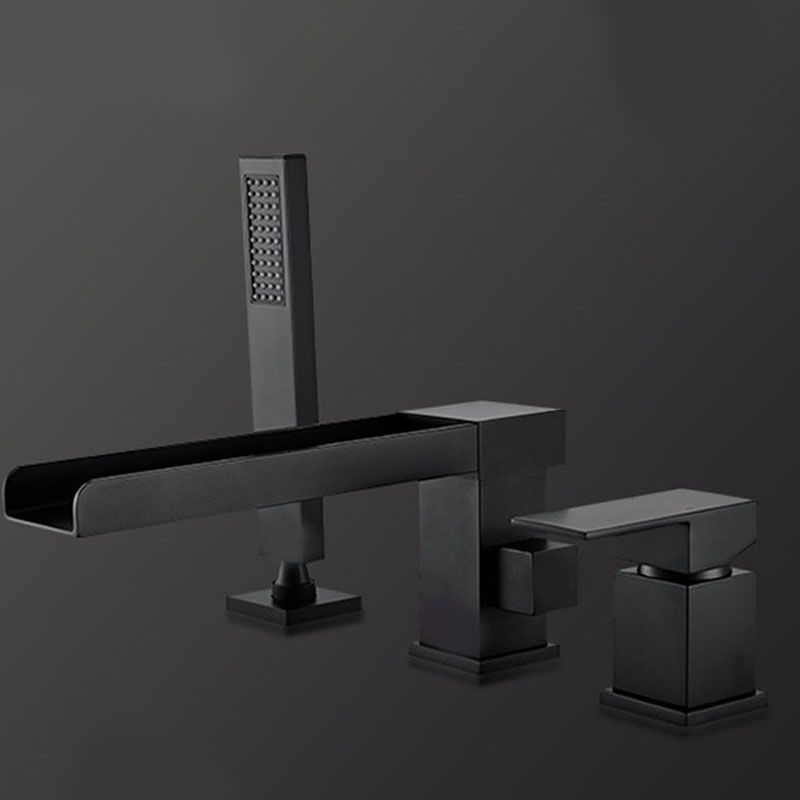 Brass Low Arc Bath Faucet with Hand Shower Square Bathroom Faucet Clearhalo 'Bathroom Remodel & Bathroom Fixtures' 'Bathtub Faucets' 'bathtub_faucets' 'Home Improvement' 'home_improvement' 'home_improvement_bathtub_faucets' 1200x1200_7e5b9b80-4f2b-4b1a-9e77-3e3455f5f305
