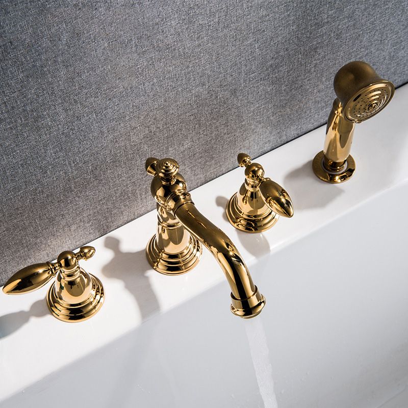 Gold and Chrome Roman Tub Filler Two Handle Deck-Mount Tub Faucet with Handshower Clearhalo 'Bathroom Remodel & Bathroom Fixtures' 'Bathtub Faucets' 'bathtub_faucets' 'Home Improvement' 'home_improvement' 'home_improvement_bathtub_faucets' 1200x1200_801068dc-bde6-4fdb-aa63-4b41cf7bc410