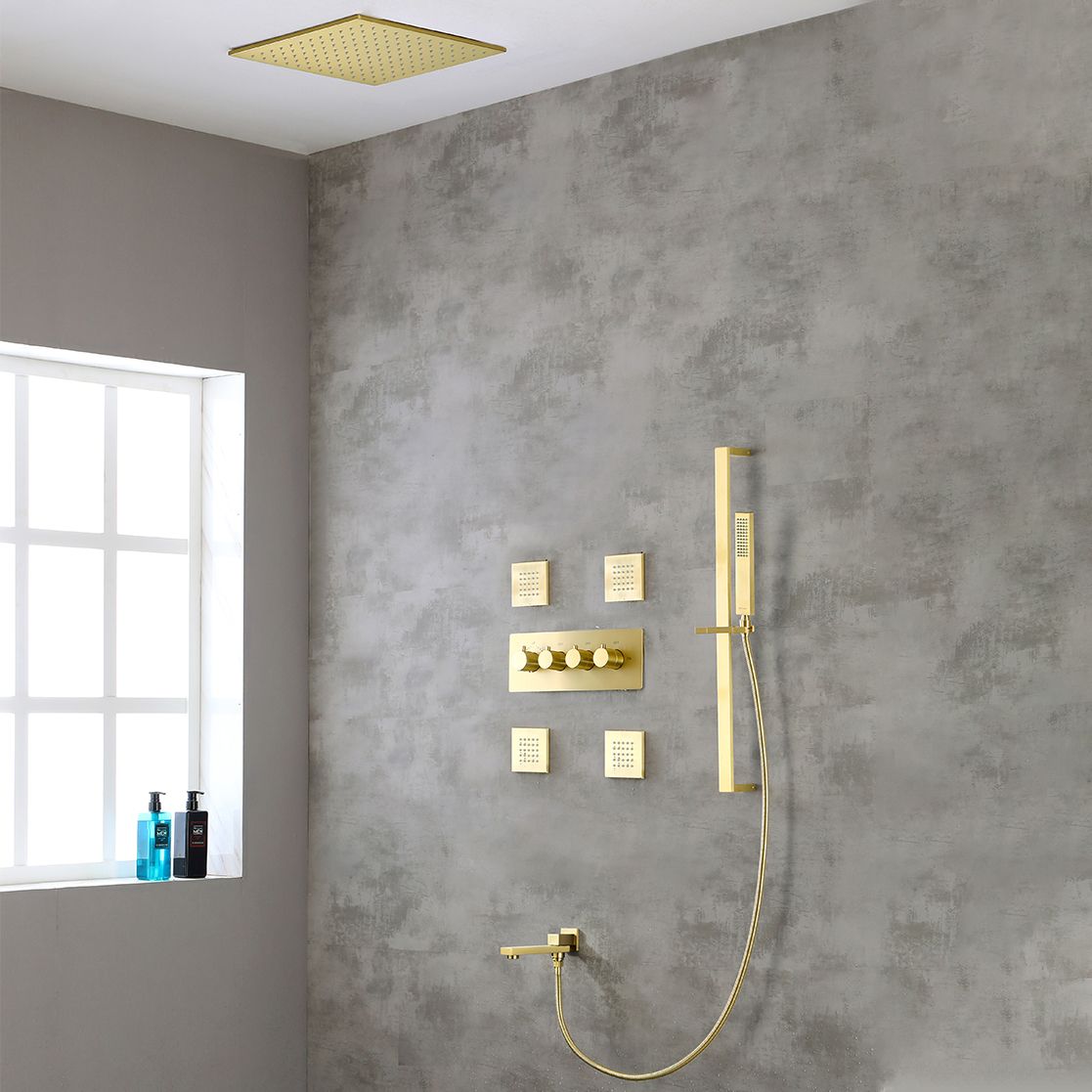 Modern Shower Combo Brass Slide Bar Included Ceiling Mounted Shower System Clearhalo 'Bathroom Remodel & Bathroom Fixtures' 'Home Improvement' 'home_improvement' 'home_improvement_shower_faucets' 'Shower Faucets & Systems' 'shower_faucets' 'Showers & Bathtubs Plumbing' 'Showers & Bathtubs' 1200x1200_826f3056-8ec3-4c29-8192-9e029e5c714d