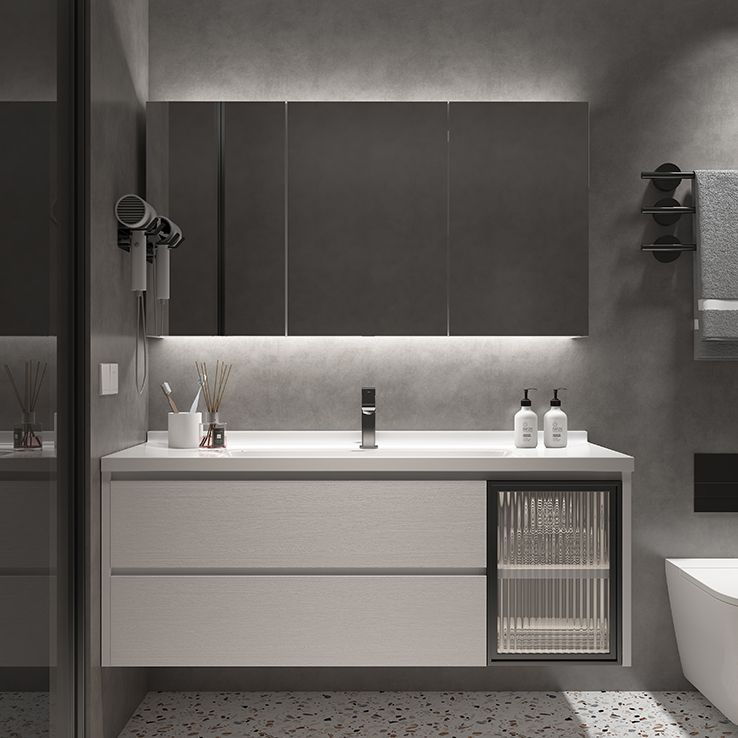 Wood Frame Vanity White Wall Mounted Mirror Single Sink Rectangular 2 Drawers Vanity Clearhalo 'Bathroom Remodel & Bathroom Fixtures' 'Bathroom Vanities' 'bathroom_vanities' 'Home Improvement' 'home_improvement' 'home_improvement_bathroom_vanities' 1200x1200_8274fd25-90e7-4588-8c2a-f9c7e581318f