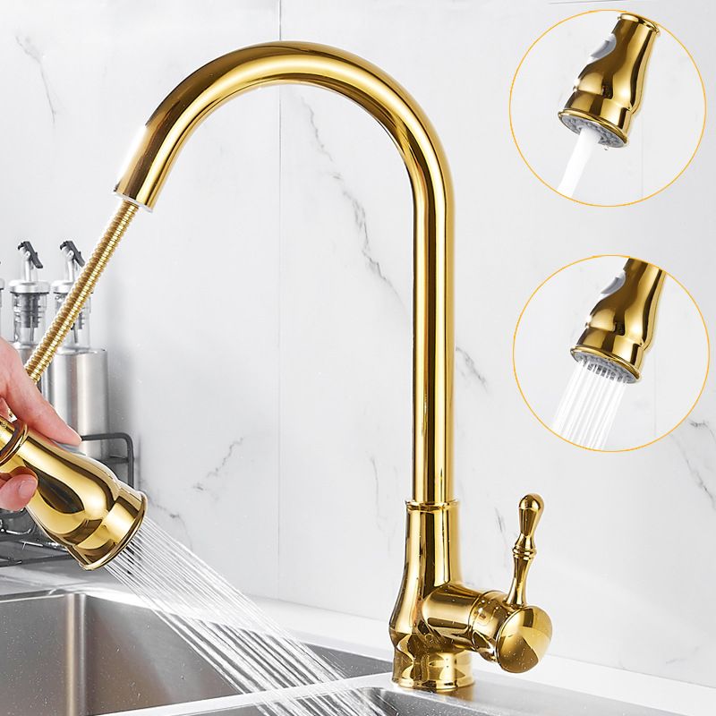 Brushed Gold Kitchen Sink Faucet High Arch Swivel Spout with Pull Out Sprayer Clearhalo 'Home Improvement' 'home_improvement' 'home_improvement_kitchen_faucets' 'Kitchen Faucets' 'Kitchen Remodel & Kitchen Fixtures' 'Kitchen Sinks & Faucet Components' 'kitchen_faucets' 1200x1200_82dc4a8d-6f10-4279-9b98-70eef19a1111
