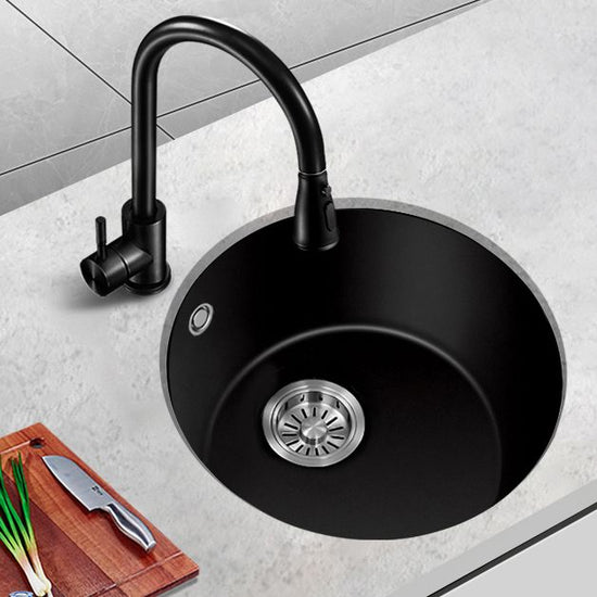 Black Quartz Kitchen Sink Round Single Bowl Sink with Basket Strainer ...