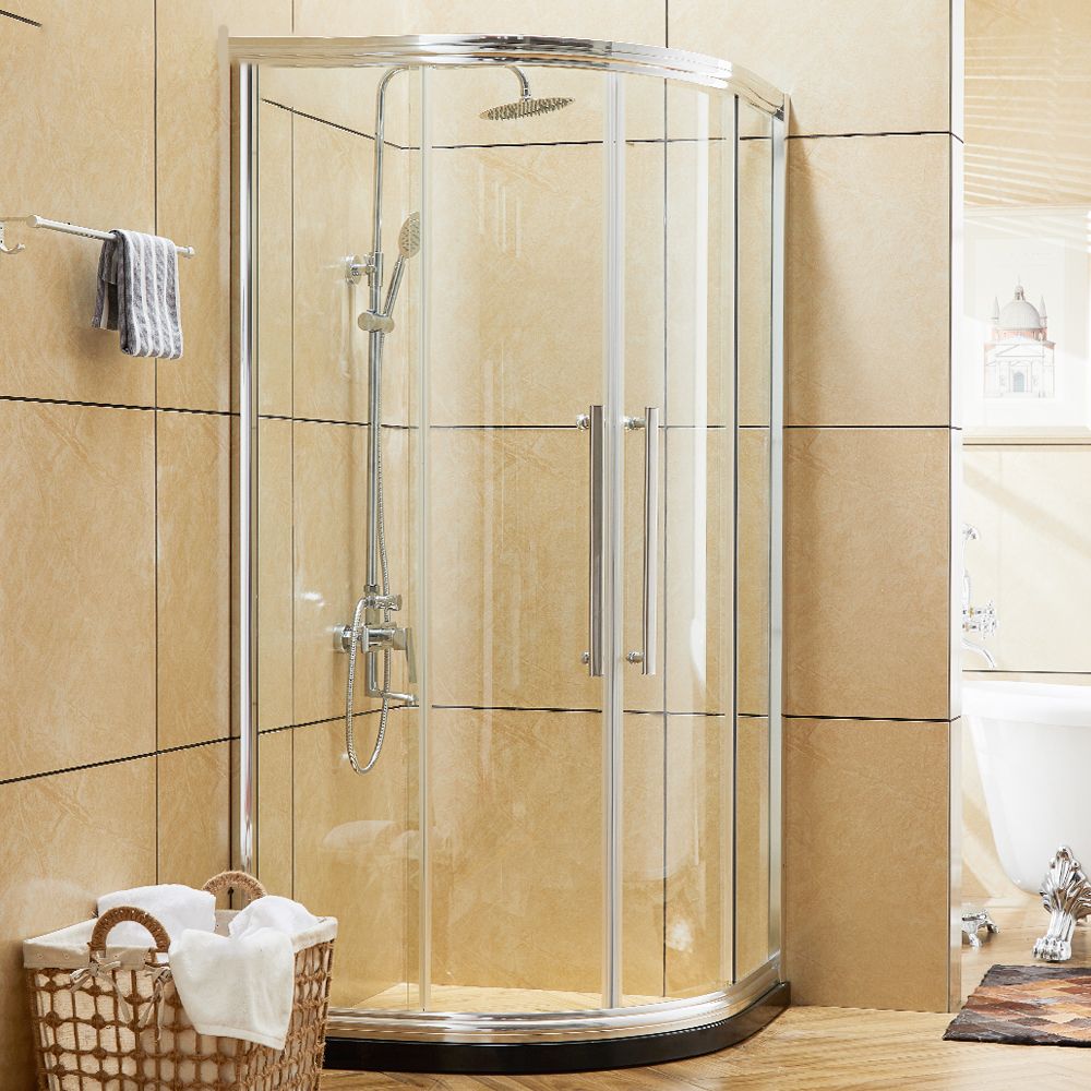 Rounded Framed Shower Enclosure Tempered Glass Double Sliding Shower Kit Clearhalo 'Bathroom Remodel & Bathroom Fixtures' 'Home Improvement' 'home_improvement' 'home_improvement_shower_stalls_enclosures' 'Shower Stalls & Enclosures' 'shower_stalls_enclosures' 'Showers & Bathtubs' 1200x1200_83752275-747b-459f-9199-927b8ef480c6