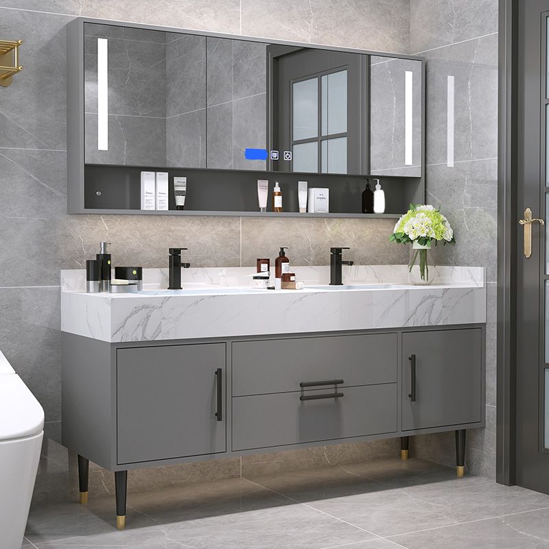 Mirror Bath Vanity Set Grey Metal Frame 2 Doors Rectangle Vanity with Drawers Clearhalo 'Bathroom Remodel & Bathroom Fixtures' 'Bathroom Vanities' 'bathroom_vanities' 'Home Improvement' 'home_improvement' 'home_improvement_bathroom_vanities' 1200x1200_841cca84-95b9-458a-bd29-9ee79075498f