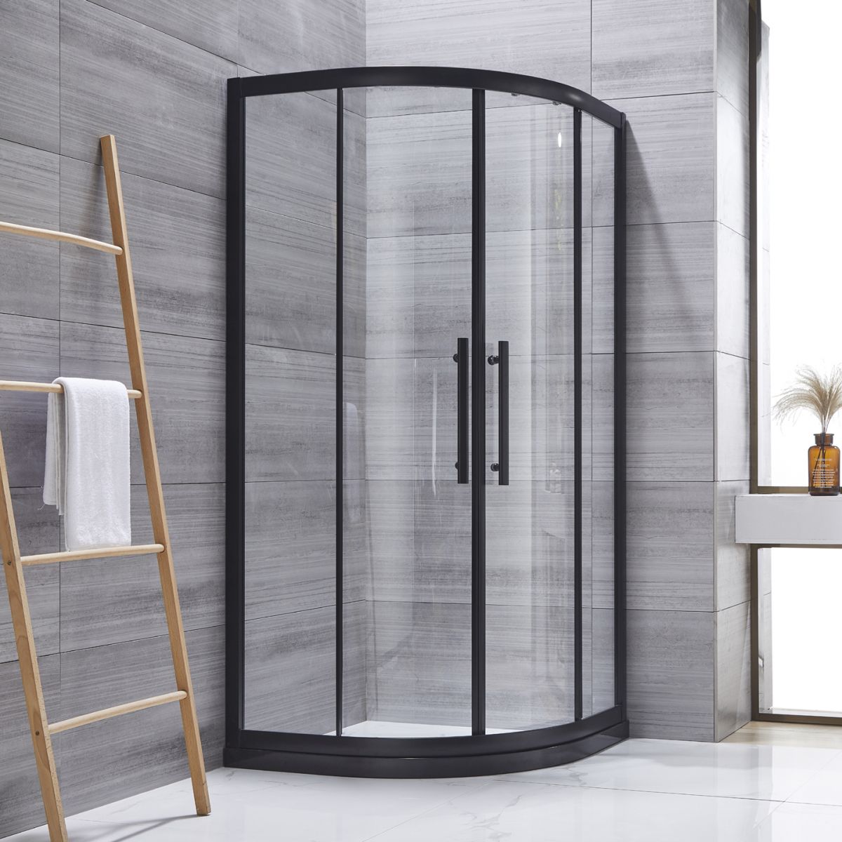 Neo-round Double Sliding Shower Enclosure Black Frame Shower Kit Clearhalo 'Bathroom Remodel & Bathroom Fixtures' 'Home Improvement' 'home_improvement' 'home_improvement_shower_stalls_enclosures' 'Shower Stalls & Enclosures' 'shower_stalls_enclosures' 'Showers & Bathtubs' 1200x1200_88a6684c-16d0-4070-a9cd-37b22d80ef34