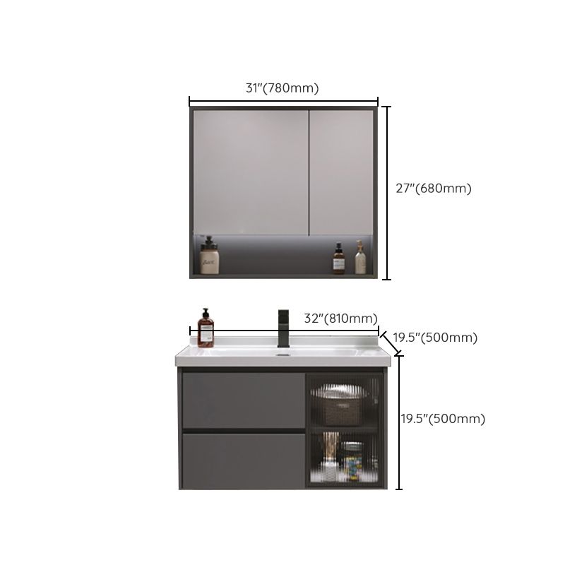 Grey Bath Vanity Wood Frame Mirror Single Sink Wall-Mounted Bath Vanity with 2 Drawers Clearhalo 'Bathroom Remodel & Bathroom Fixtures' 'Bathroom Vanities' 'bathroom_vanities' 'Home Improvement' 'home_improvement' 'home_improvement_bathroom_vanities' 1200x1200_88f45060-5f1a-4c00-a301-49cc7d072e5b