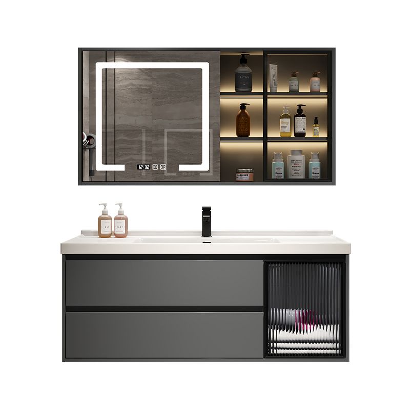 Grey Bath Vanity Wood Frame Mirror Single Sink Wall-Mounted Bath Vanity with 2 Drawers Clearhalo 'Bathroom Remodel & Bathroom Fixtures' 'Bathroom Vanities' 'bathroom_vanities' 'Home Improvement' 'home_improvement' 'home_improvement_bathroom_vanities' 1200x1200_893e6db9-3d97-49e2-a001-b56bd7ed1491