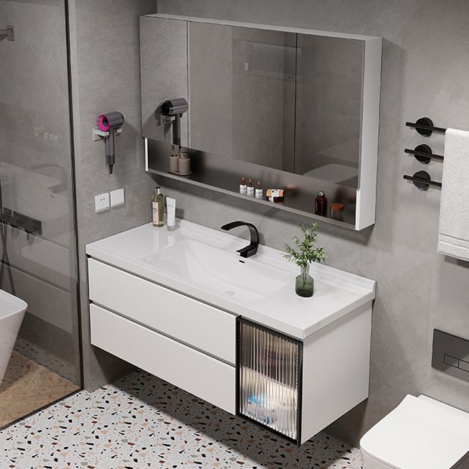 2 Drawers Vanity White Metal Frame Wall Mount Rectangular Mirror Single Sink Vanity Clearhalo 'Bathroom Remodel & Bathroom Fixtures' 'Bathroom Vanities' 'bathroom_vanities' 'Home Improvement' 'home_improvement' 'home_improvement_bathroom_vanities' 1200x1200_898c6948-5b83-4adf-a953-16e57e504042