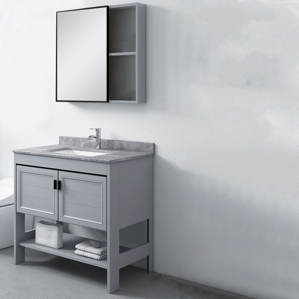 Grey Freestanding Vanity Metal Frame Glam Single Sink Shelving Included Vanity Clearhalo 'Bathroom Remodel & Bathroom Fixtures' 'Bathroom Vanities' 'bathroom_vanities' 'Home Improvement' 'home_improvement' 'home_improvement_bathroom_vanities' 1200x1200_8a68753b-1ecd-4b2e-b702-c1f2f7f88ba8
