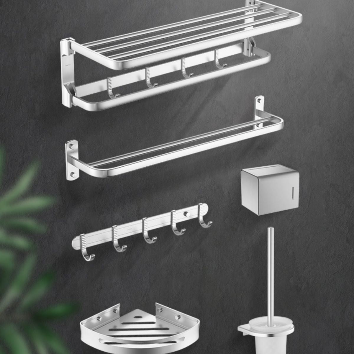 6-Piece Bathroom Hardware Set in Silver with Bath Shelf/Robe Hooks/Towel Bar Clearhalo 'Bathroom Hardware Sets' 'Bathroom Hardware' 'Bathroom Remodel & Bathroom Fixtures' 'bathroom_hardware_sets' 'Home Improvement' 'home_improvement' 'home_improvement_bathroom_hardware_sets' 1200x1200_8a745b2b-aa62-416e-b78f-919e6cf16aa9