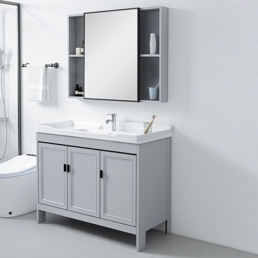 Vanity Glam Mirror Single Sink Metal Frame Freestanding Grey Faucet Vanity with Doors Clearhalo 'Bathroom Remodel & Bathroom Fixtures' 'Bathroom Vanities' 'bathroom_vanities' 'Home Improvement' 'home_improvement' 'home_improvement_bathroom_vanities' 1200x1200_8b2c9514-f8a5-4880-9f52-d9f02e195218
