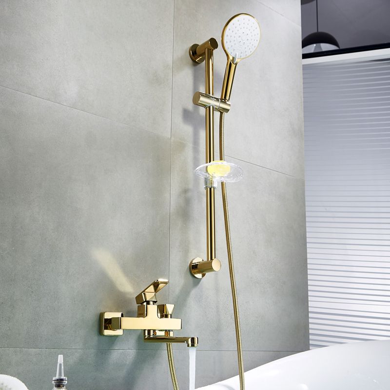 Wall Mounted Gold Bathtub Faucet Swivel Spout Lever Handle with Hand Shower Clearhalo 'Bathroom Remodel & Bathroom Fixtures' 'Bathtub Faucets' 'bathtub_faucets' 'Home Improvement' 'home_improvement' 'home_improvement_bathtub_faucets' 1200x1200_8c8f04c5-ca27-4311-b51c-f29965982ac6