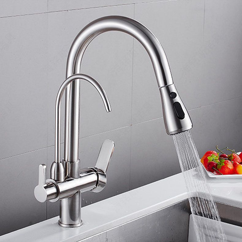 1 Hole Kitchen Faucets Metal Pulldown Sprayer Kitchen Faucet with Double Handles Clearhalo 'Home Improvement' 'home_improvement' 'home_improvement_kitchen_faucets' 'Kitchen Faucets' 'Kitchen Remodel & Kitchen Fixtures' 'Kitchen Sinks & Faucet Components' 'kitchen_faucets' 1200x1200_8ce66369-a106-447b-8f59-ca44e5b84142
