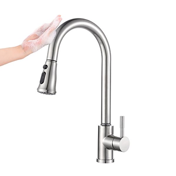 Modern 1-Handle Faucets Stainless Steel Gooseneck with Pull Out Sprayer Faucets Clearhalo 'Home Improvement' 'home_improvement' 'home_improvement_kitchen_faucets' 'Kitchen Faucets' 'Kitchen Remodel & Kitchen Fixtures' 'Kitchen Sinks & Faucet Components' 'kitchen_faucets' 1200x1200_8db69094-8524-4d66-90e6-d97c17f31236