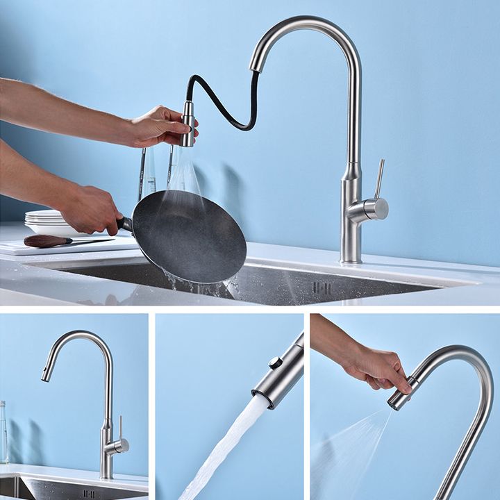 Modern Kitchen Faucet Stainless Steel 1-Handle High Arc Retractable Kitchen Faucet Clearhalo 'Home Improvement' 'home_improvement' 'home_improvement_kitchen_faucets' 'Kitchen Faucets' 'Kitchen Remodel & Kitchen Fixtures' 'Kitchen Sinks & Faucet Components' 'kitchen_faucets' 1200x1200_9186436e-7572-4cdf-bc01-18507f30aa4c