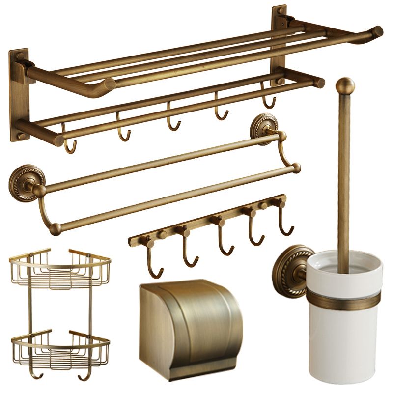 Distressed Brass Traditional Bathroom Set with Bath Shelf/Paper Holder & Towel Bar Clearhalo 'Bathroom Hardware Sets' 'Bathroom Hardware' 'Bathroom Remodel & Bathroom Fixtures' 'bathroom_hardware_sets' 'Home Improvement' 'home_improvement' 'home_improvement_bathroom_hardware_sets' 1200x1200_9196d291-909d-4259-ab40-085cc96f4552