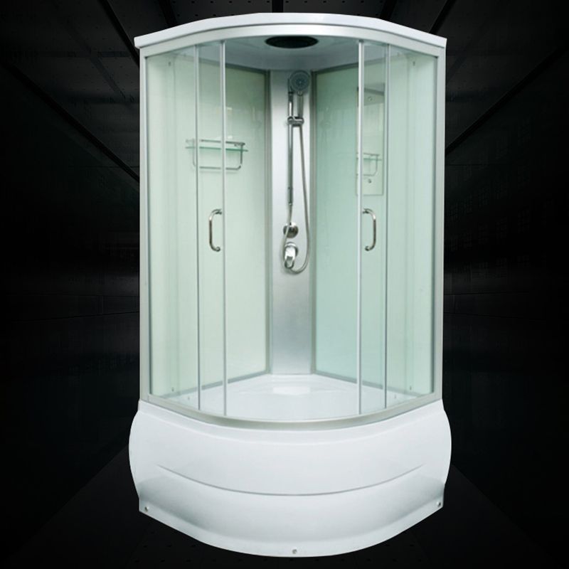 Round Shower Stall Double Sliding Shower Stall with White Base and Rain Shower Clearhalo 'Bathroom Remodel & Bathroom Fixtures' 'Home Improvement' 'home_improvement' 'home_improvement_shower_stalls_enclosures' 'Shower Stalls & Enclosures' 'shower_stalls_enclosures' 'Showers & Bathtubs' 1200x1200_91f9bb1d-dc36-4cf3-937d-8ca4a88d6952