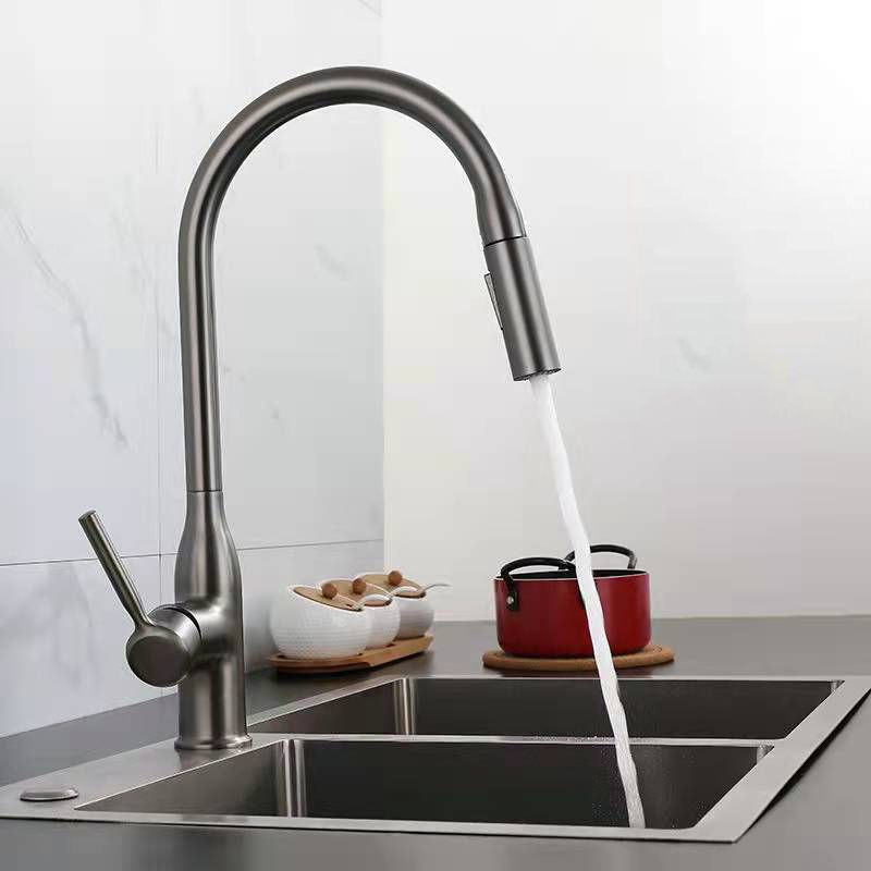 Contemporary Faucet Copper Single Handle High Arc Retractable Faucet for Kitchen Clearhalo 'Home Improvement' 'home_improvement' 'home_improvement_kitchen_faucets' 'Kitchen Faucets' 'Kitchen Remodel & Kitchen Fixtures' 'Kitchen Sinks & Faucet Components' 'kitchen_faucets' 1200x1200_93c6d14b-c5ad-4972-9ee5-12e373853cff