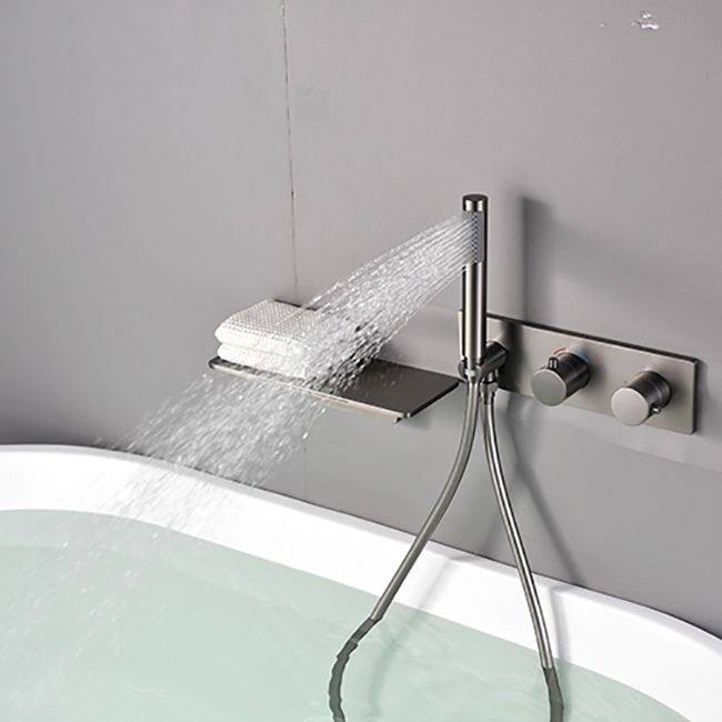 Modern Bath Filler Trim Brass Knob Handles with Hand Shower Waterfall Wall Mount Faucet Clearhalo 'Bathroom Remodel & Bathroom Fixtures' 'Bathtub Faucets' 'bathtub_faucets' 'Home Improvement' 'home_improvement' 'home_improvement_bathtub_faucets' 1200x1200_963108a4-ddff-47a8-81b6-14bc228ffcf2