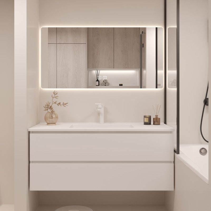 White Bathroom Vanity Wood Rectangle Single Sink Wall Mount 2 Drawers Vanity Set Clearhalo 'Bathroom Remodel & Bathroom Fixtures' 'Bathroom Vanities' 'bathroom_vanities' 'Home Improvement' 'home_improvement' 'home_improvement_bathroom_vanities' 1200x1200_97efd002-773e-4195-937a-27bf57d5d927