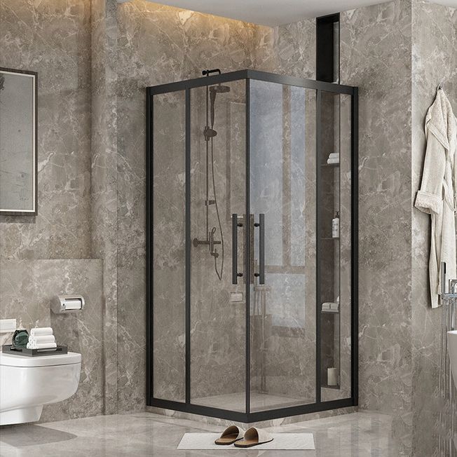 Shower Enclosure Semi-Frameless Single Sliding Square Black Shower Stall Clearhalo 'Bathroom Remodel & Bathroom Fixtures' 'Home Improvement' 'home_improvement' 'home_improvement_shower_stalls_enclosures' 'Shower Stalls & Enclosures' 'shower_stalls_enclosures' 'Showers & Bathtubs' 1200x1200_9869a57f-b425-4f41-9a9f-d3a92bc74d45
