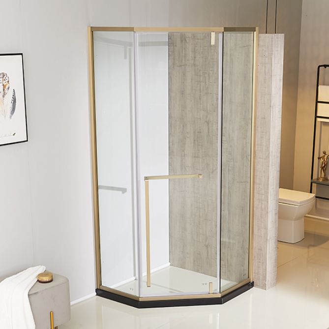 Gold Frame Neo-Angle Shower Enclosure with Single Door Handle Clearhalo 'Bathroom Remodel & Bathroom Fixtures' 'Home Improvement' 'home_improvement' 'home_improvement_shower_stalls_enclosures' 'Shower Stalls & Enclosures' 'shower_stalls_enclosures' 'Showers & Bathtubs' 1200x1200_994ab0c3-91ef-48cb-95e2-d25f40a16542