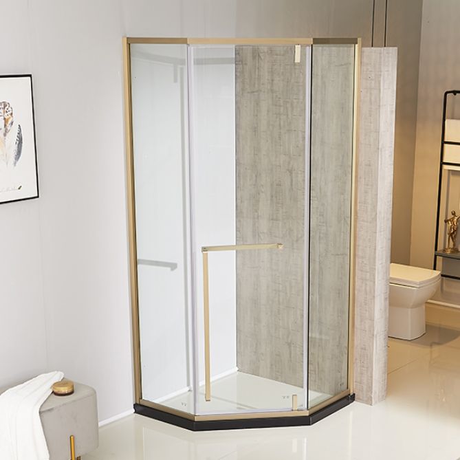 Gold Frame Neo-Angle Shower Enclosure with Single Door Handle Clearhalo 'Bathroom Remodel & Bathroom Fixtures' 'Home Improvement' 'home_improvement' 'home_improvement_shower_stalls_enclosures' 'Shower Stalls & Enclosures' 'shower_stalls_enclosures' 'Showers & Bathtubs' 1200x1200_994ab0c3-91ef-48cb-95e2-d25f40a16542
