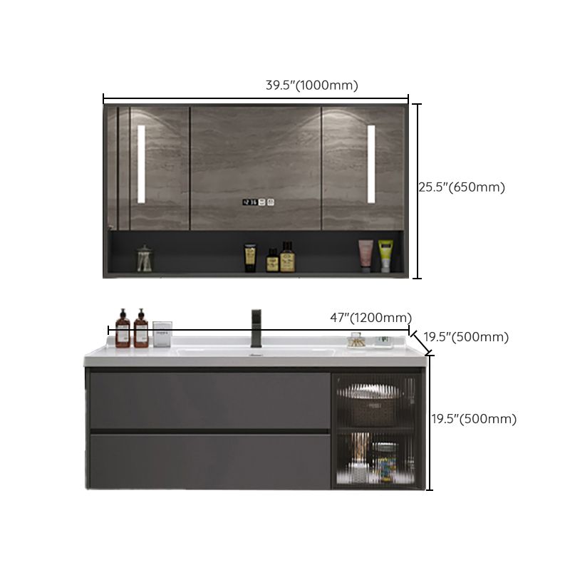 Grey Bath Vanity Wood Frame Mirror Single Sink Wall-Mounted Bath Vanity with 2 Drawers Clearhalo 'Bathroom Remodel & Bathroom Fixtures' 'Bathroom Vanities' 'bathroom_vanities' 'Home Improvement' 'home_improvement' 'home_improvement_bathroom_vanities' 1200x1200_99bb5d66-df49-4094-b2f3-610a0585eb1d