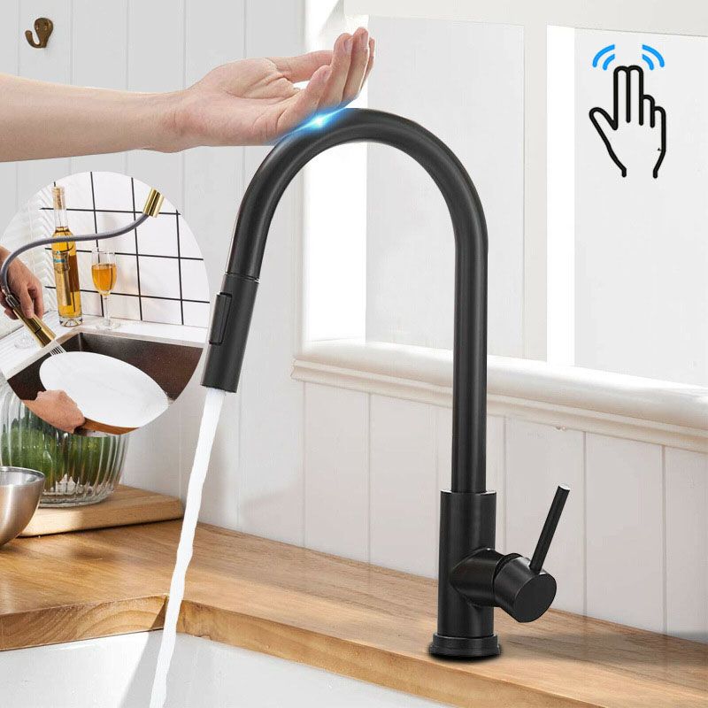 Contemporary Single Handle Kitchen Faucet 1-Hold Faucet with Pull out Sprayer Clearhalo 'Home Improvement' 'home_improvement' 'home_improvement_kitchen_faucets' 'Kitchen Faucets' 'Kitchen Remodel & Kitchen Fixtures' 'Kitchen Sinks & Faucet Components' 'kitchen_faucets' 1200x1200_9acb5b83-c351-494e-a1a6-50736514d073