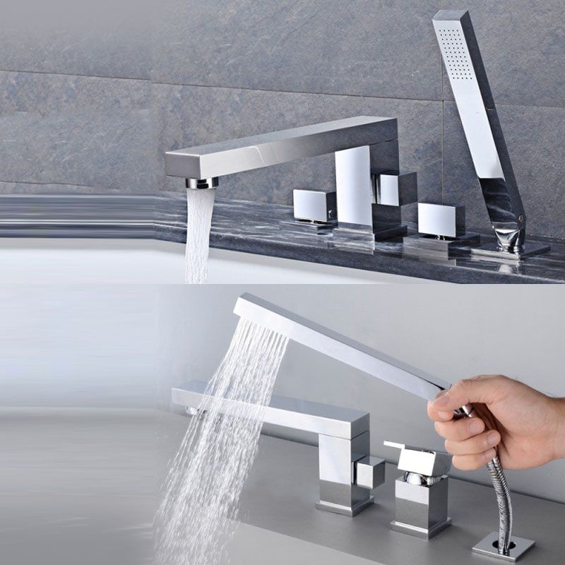 Modern Swivel Roman Tub Faucet Set Deck Mounted with Handheld Shower Clearhalo 'Bathroom Remodel & Bathroom Fixtures' 'Bathtub Faucets' 'bathtub_faucets' 'Home Improvement' 'home_improvement' 'home_improvement_bathtub_faucets' 1200x1200_9bfb0d24-da4c-4b55-9c41-3e79d4908687