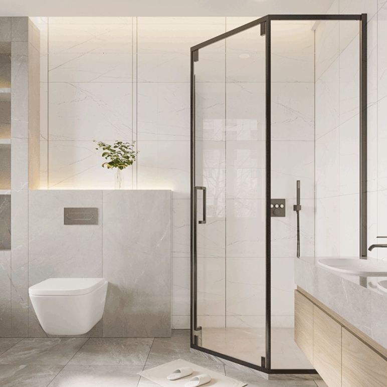 Matte Black Folding Shower Door, Side Opening Tempered Glass Shower Door Clearhalo 'Bathroom Remodel & Bathroom Fixtures' 'Home Improvement' 'home_improvement' 'home_improvement_shower_tub_doors' 'Shower and Tub Doors' 'shower_tub_doors' 'Showers & Bathtubs' 1200x1200_9d4fbc3a-dd41-430e-b527-0be8a35eea80